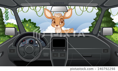 Vector Illustration of a Cute Deer Looking into a Vehicle Interior 140792298