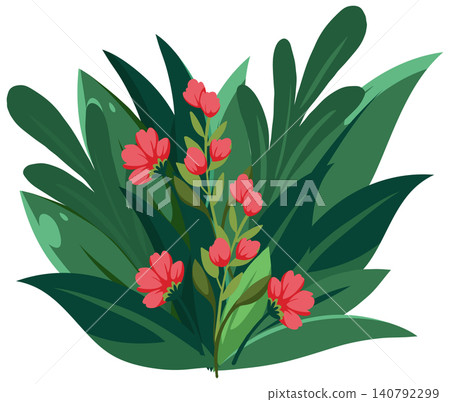 Stylized Pink Floral Bouquet with Dense Green Foliage on White Background Stylized Pink Floral Bouquet with Dense Green Foliage on White Background 140792299