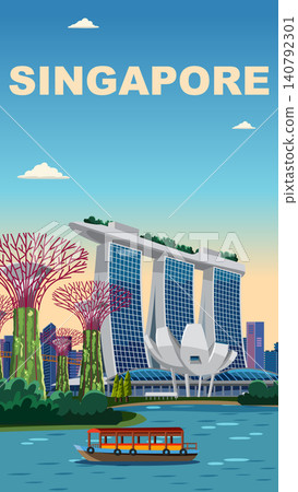 Singapore City Travel Poster with Marina Bay Landmarks and River Boat Singapore City Travel Poster with Marina Bay Landmarks and River Boat 140792301