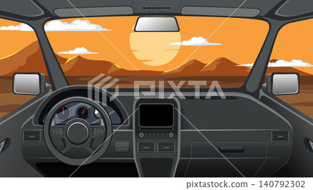 Vector Illustration of Car Interior Facing Desert Sunset Landscape Vector Illustration of Car Interior Facing Desert Sunset Landscape 140792302