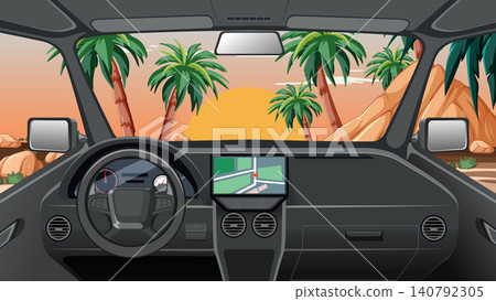 Car Interior View with GPS Navigation Facing Tropical Sunset Road Car Interior View with GPS Navigation Facing Tropical Sunset Road 140792305