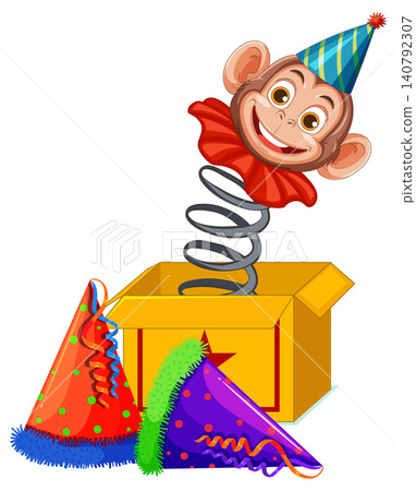 Monkey Jack-in-the-Box with Colorful Party Hats Monkey Jack-in-the-Box with Colorful Party Hats 140792307