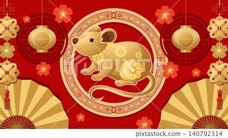 Golden Chinese Zodiac Rat Illustration on Red Festive Background Golden Chinese Zodiac Rat Illustration on Red Festive Background 140792314