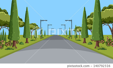 Vector Illustration of a Straight Road Lined with Cypress Trees Vector Illustration of a Straight Road Lined with Cypress Trees 140792316