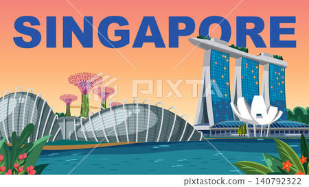 Singapore City Skyline Vector Illustration with Famous Landmarks and Waterfront View Singapore City Skyline Vector Illustration with Famous Landmarks and Waterfront View 140792322