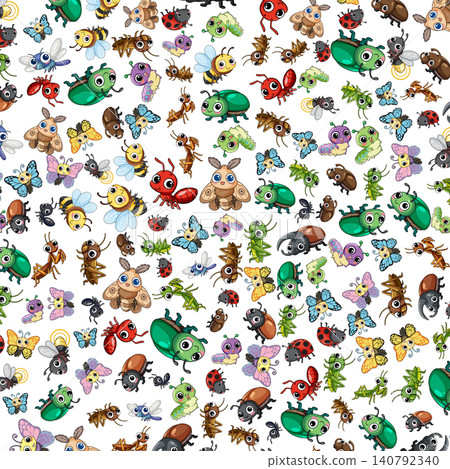 Seamless Vector Pattern of Cute Cartoon Insects and Garden Bugs 140792340