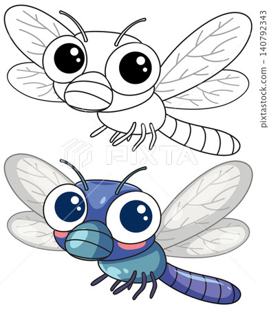 Cute Cartoon Dragonfly Vector Illustration with Coloring Page Version Cute Cartoon Dragonfly Vector Illustration with Coloring Page Version 140792343