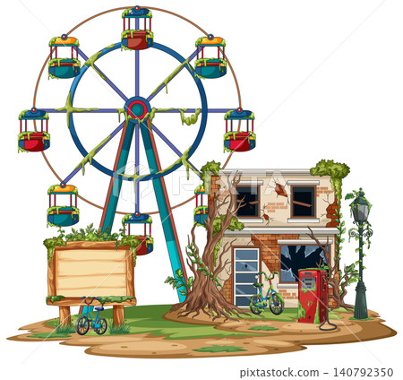 Abandoned Ferris Wheel and Overgrown Urban Street Corner Abandoned Ferris Wheel and Overgrown Urban Street Corner 140792350