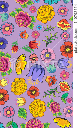 Colorful Mexican Folk Art Floral Pattern on Purple Background Colorful Mexican Folk Art Floral Pattern on Purple Background 140792354