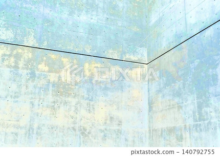 A pale blue-green exposed concrete wall and an abstract space of black straight lines. 140792755