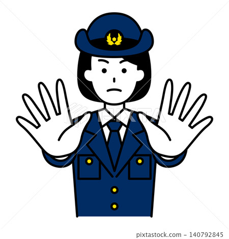 A female police officer restrains someone by extending both hands forward. A female police officer restrains someone by extending both hands forward. 140792845