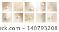 Square nude gradient background set with blush, champagne and brown shades. Minimal boho aesthetic, abstract 3D sphere accents and line arch shapes for social media templates, covers and designs. 140793208