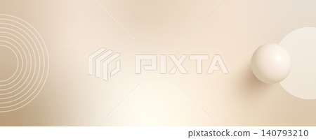 Wide nude gradient background featuring blush, champagne and brown shades, abstract 3D spheres and minimalist line arch shapes. Elegant boho-inspired backdrops for covers, banners and social media. 140793210
