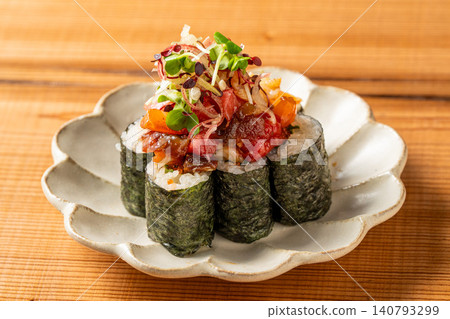 A colorful seafood roll generously filled with fresh seafood. 140793299