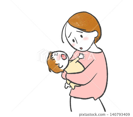 一位母親抱著不願被抱的嬰兒。 一位母親抱著不願被抱的嬰兒。 140793409