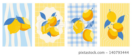 Juicy lemons with leaves poster set. Mediterranean illustration. Juicy lemons with leaves poster set. Mediterranean illustration. 140793444