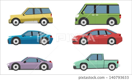 Collection of flat vector vehicle icons shown from a side view profile. Set includes various automobiles such as a sports car, sedan, pickup truck, SUV, and van. Isolated white color. 140793633