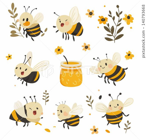 Whimsical bee characters with flowers and honey jar. 140793668