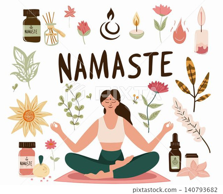 A peaceful illustration featuring a woman meditating surrounded by nature. A peaceful illustration featuring a woman meditating surrounded by nature. 140793682