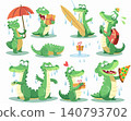 A collection of cheerful alligators engaging in playful scenarios. 140793702