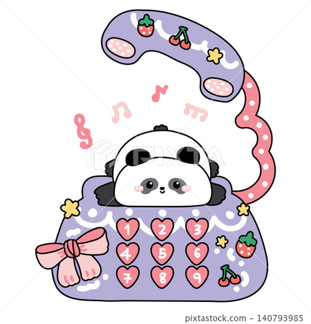 Cute teddy panda bear lay on classic retro telephone desk.Kid graphic.Strawberry,cherry,star,music note,bow hand drawn.Chinese animal character cartoon.Kawaii.Vector.Illustration. 140793985