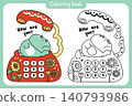 Coloring pages.Cute frog stay on classic retro telephone desk.Kid graphic.Sunflower hand drawn.How are you text.Reptile animal character cartoon.Painting book.Kawaii.Vector.Illustration. 140793986