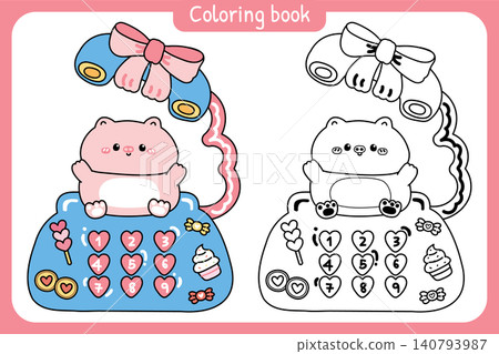 Coloring pages.Cute pig stay on classic retro telephone desk.Kid graphic.Bow,candy,bakery,cupcake,cookies hand drawn.Farm animal character cartoon.Painting book.Kawaii.Vector.Illustration. 140793987