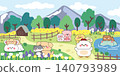 Cute animals and baby do different activities in farm grass background.Rabbit,dog,cat,sheep,pig,chicken,hen,frog hand drawn.Nature.Flower and mountain.Cartoon.Kawaii.Vector. 140793989