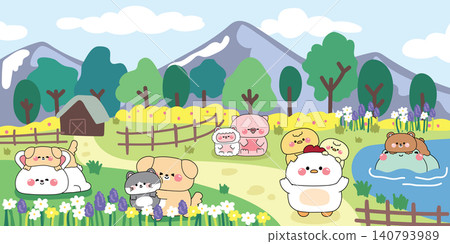 Cute animals and baby do different activities in farm grass background.Rabbit,dog,cat,sheep,pig,chicken,hen,frog hand drawn.Nature.Flower and mountain.Cartoon.Kawaii.Vector. Cute animals and baby do different activities in farm grass background.Rabbit,dog,cat,sheep,pig,chicken,hen,frog hand drawn.Nature.Flower and mountain.Cartoon.Kawaii.Vector. 140793989