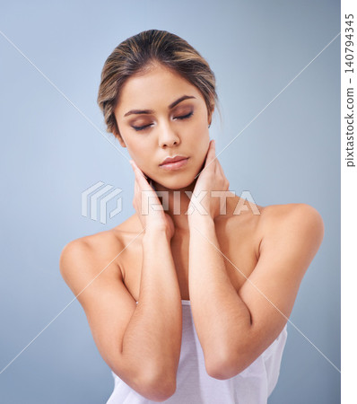 Studio, beauty and calm woman with skincare from dermatology and self care with peace. Girl, relax and healthy glow on skin from cosmetics, treatment or model with makeup on face in mockup space Studio, beauty and calm woman with skincare from dermatology and self care with peace. Girl, relax and healthy glow on skin from cosmetics, treatment or model with makeup on face in mockup space 140794345