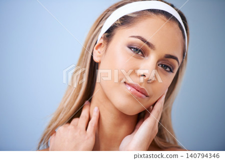 Beauty, makeup and portrait of woman in studio for glamour, glow and facial treatment for shine. Natural, cosmetic and young female person with face cosmetology routine isolated by gray background. Beauty, makeup and portrait of woman in studio for glamour, glow and facial treatment for shine. Natural, cosmetic and young female person with face cosmetology routine isolated by gray background. 140794346