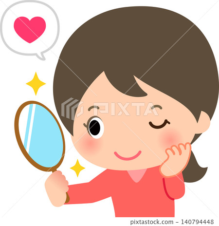 A young woman posing in front of a hand mirror; a narcissist. A young woman posing in front of a hand mirror; a narcissist. 140794448