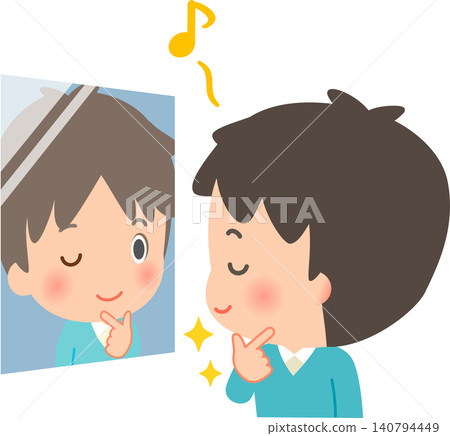 一個年輕男子在鏡子前擺姿勢；一個自戀者。 140794449