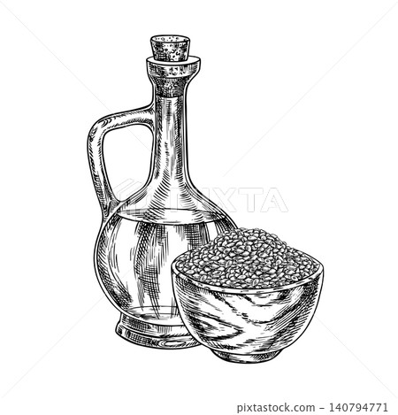 Oil in a glass bottle and seeds in a wooden bowl. Black and white vector graphics. Hand-drawn illustrations. Perfect for labels, product packaging, posters, banners, menus, and more. Oil in a glass bottle and seeds in a wooden bowl. Black and white vector graphics. Hand-drawn illustrations. Perfect for labels, product packaging, posters, banners, menus, and more. 140794771