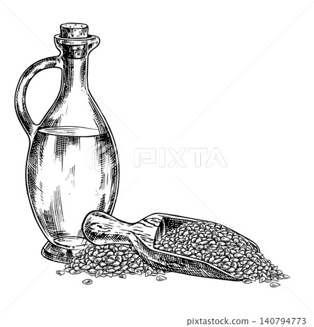 Oil in a glass bottle and seeds in a wooden scoop. Black and white vector graphics. Hand-drawn illustrations. Perfect for labels, product packaging, posters, banners, menus, and more. Oil in a glass bottle and seeds in a wooden scoop. Black and white vector graphics. Hand-drawn illustrations. Perfect for labels, product packaging, posters, banners, menus, and more. 140794773