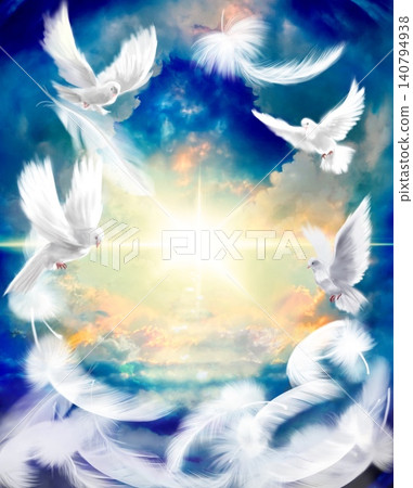 A background image featuring a staircase of clouds leading to heaven, a blue sky, and four white doves flying around a backdrop of pouring sunlight. A background image featuring a staircase of clouds leading to heaven, a blue sky, and four white doves flying around a backdrop of pouring sunlight. 140794938