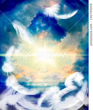 A spiritual background image featuring a staircase of clouds leading to heaven, a blue sky, and pouring sunlight. A spiritual background image featuring a staircase of clouds leading to heaven, a blue sky, and pouring sunlight. 140794939