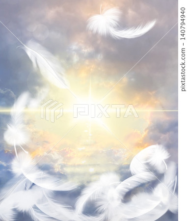 一幅充滿靈性的背景圖，圖中有通往天堂的雲梯、蔚藍的天空和傾瀉而下的陽光。 140794940