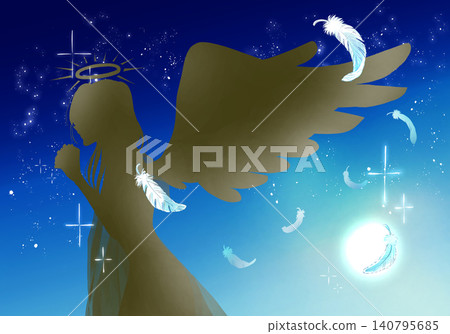 A woman with clasped hands, an angel, falling feathers, the moon, a silhouette. A woman with clasped hands, an angel, falling feathers, the moon, a silhouette. 140795685