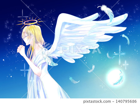 A woman with clasped hands, an angel, blonde hair, fluttering feathers, the moon. A woman with clasped hands, an angel, blonde hair, fluttering feathers, the moon. 140795686