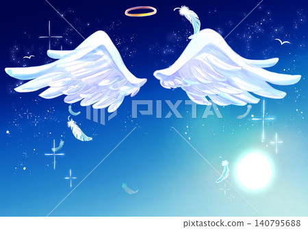 天使的翅膀和光環，飄動的羽毛，月亮 140795688