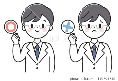 一位男醫生手持一個圓圈和一個叉號。 一位男醫生手持一個圓圈和一個叉號。 140795730