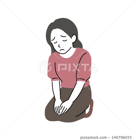 一位女子以簡樸而正式的跪姿坐著,表現出悔意。 一位女子以簡樸而正式的跪姿坐著,表現出悔意。 140796055