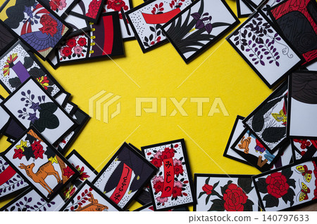 Hanafuda cards placed on a yellow background Hanafuda cards placed on a yellow background 140797633
