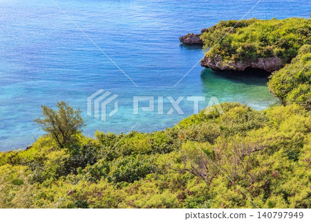 A breathtaking tropical landscape where the vibrant blue sea and lush green cliffs intertwine. 140797949