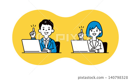A set of vector illustrations of businessmen and businesswomen using computers to explain key points. A set of vector illustrations of businessmen and businesswomen using computers to explain key points. 140798328