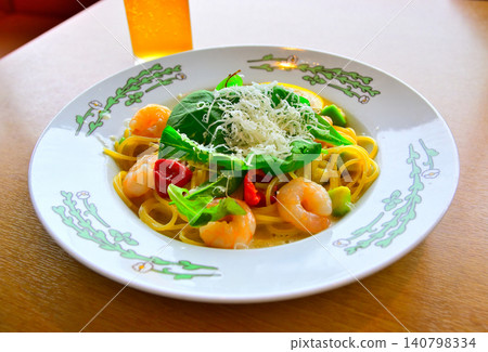 Lemon cream pasta with shrimp and avocado Lemon cream pasta with shrimp and avocado 140798334