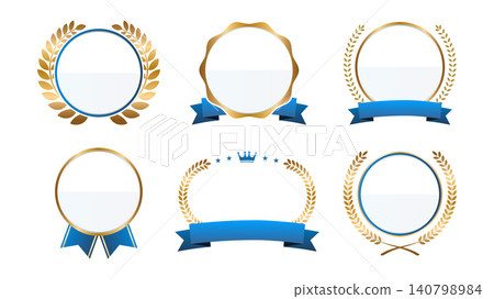 A sophisticated round laurel wreath frame and blue ribbon emblem headline material. A sophisticated round laurel wreath frame and blue ribbon emblem headline material. 140798984