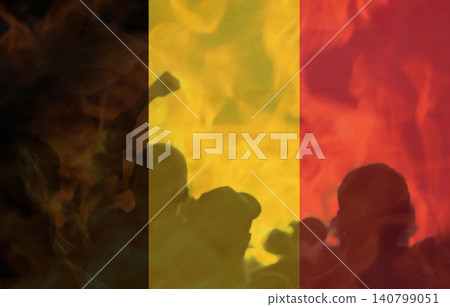 Belgium protests and civil unrest conceptual image. Silhouettes of crowd with raised fist demonstrating against Belgian national flag background with fire and smoke, editorial strike concept Belgium protests and civil unrest conceptual image. Silhouettes of crowd with raised fist demonstrating against Belgian national flag background with fire and smoke, editorial strike concept 140799051