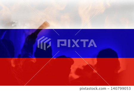 Russian flag background with blurry silhouettes of protesting crowd and smoke. Concept of political crisis, social unrest, revolution or propaganda in Russia Russian flag background with blurry silhouettes of protesting crowd and smoke. Concept of political crisis, social unrest, revolution or propaganda in Russia 140799053